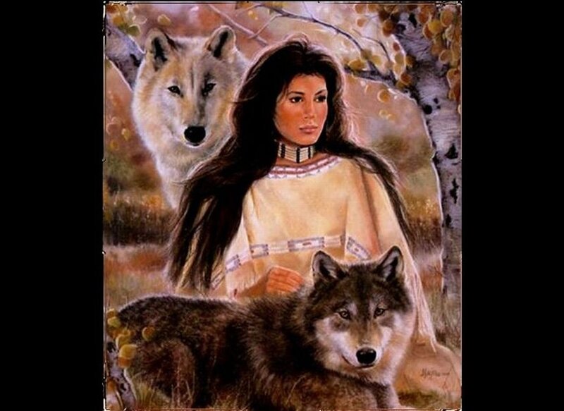 Indigenous Woman with Wolves — Brown, Serene