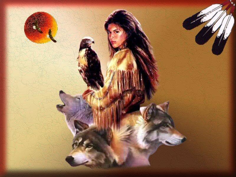 Indigenous Woman with Wolves — Brown
