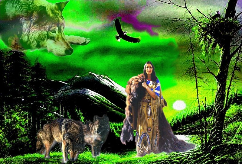 Indigenous Woman with Wolves — Green
