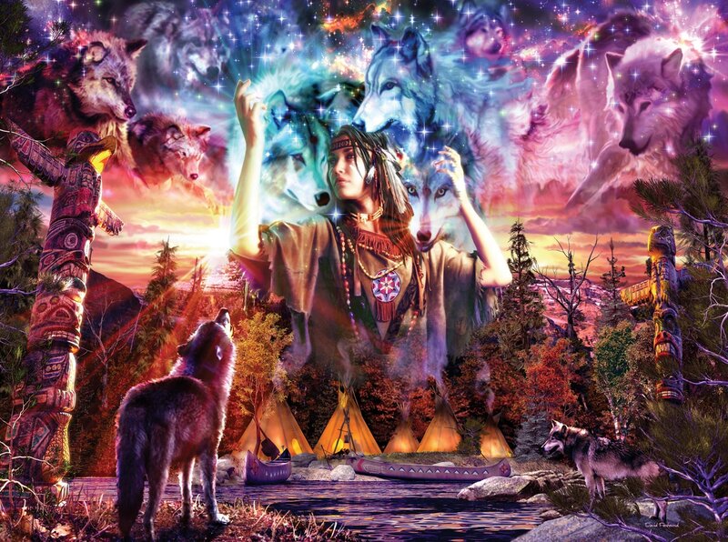 Indigenous Woman with Wolves — Purple, Dramatic