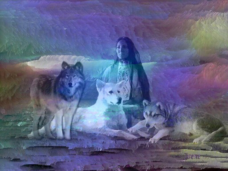 Indigenous Woman with Wolves — Purple, Serene