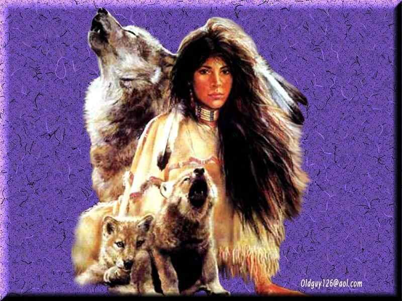 Indigenous Woman with Wolves — Purple