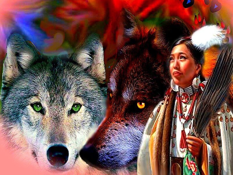 Indigenous Woman with Wolves — Red, Dramatic