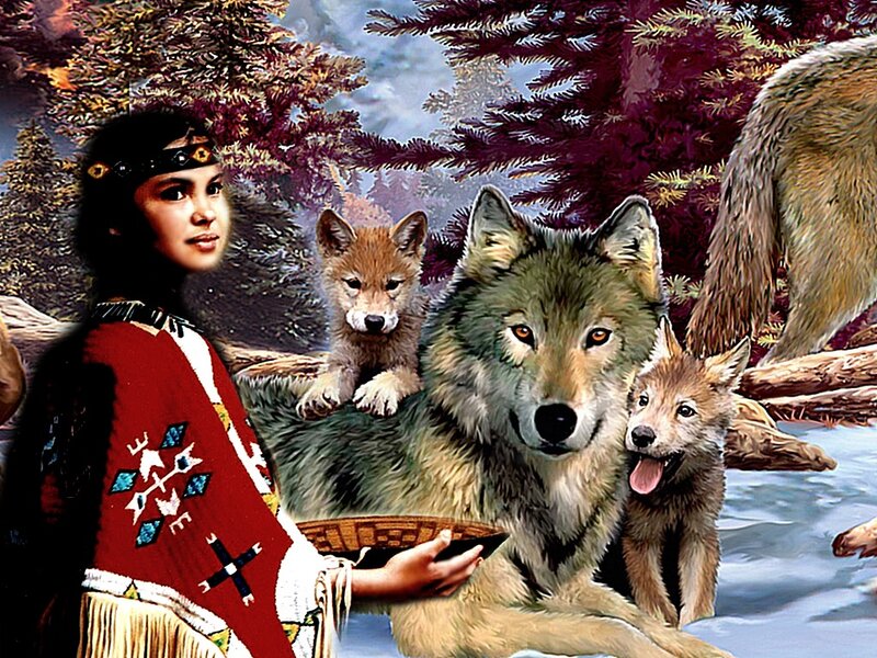 Indigenous Woman with Wolves — Red, Serene