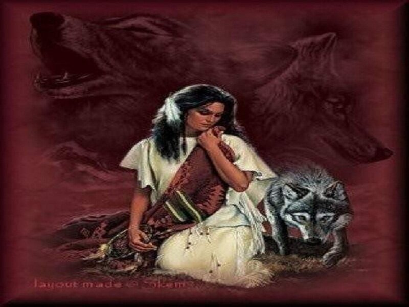 Indigenous Woman with Wolves — Red