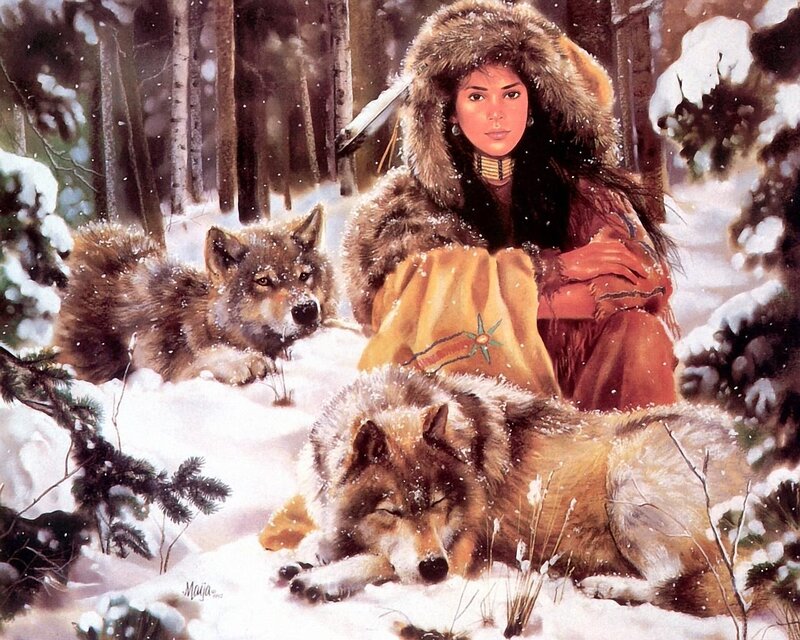 Indigenous Woman with Wolves — White, Serene