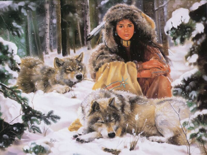 Indigenous Woman with Wolves — White, Serene, Winter, Painting