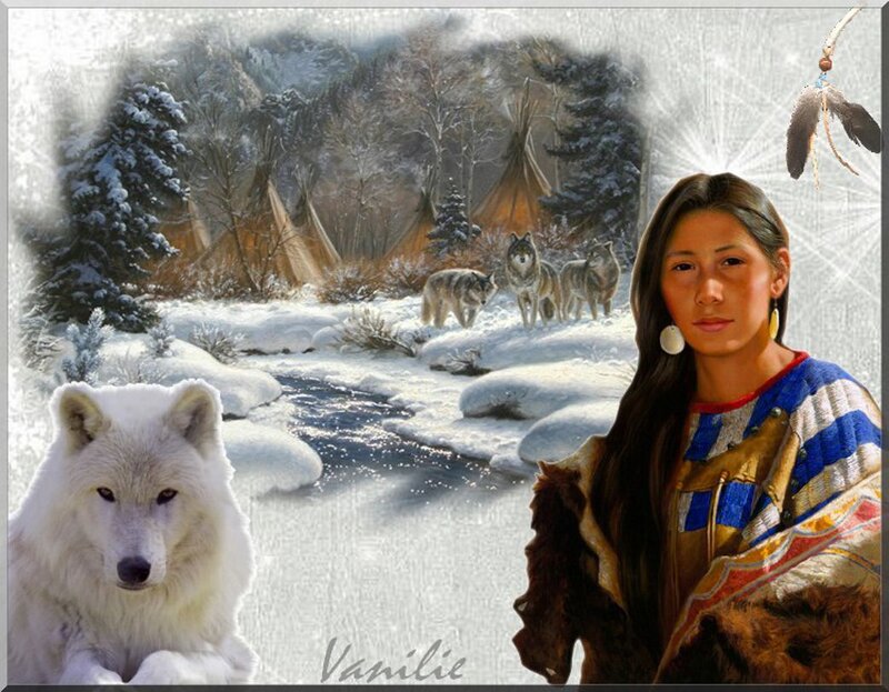 Indigenous Woman with Wolves — White, Serene, Winter