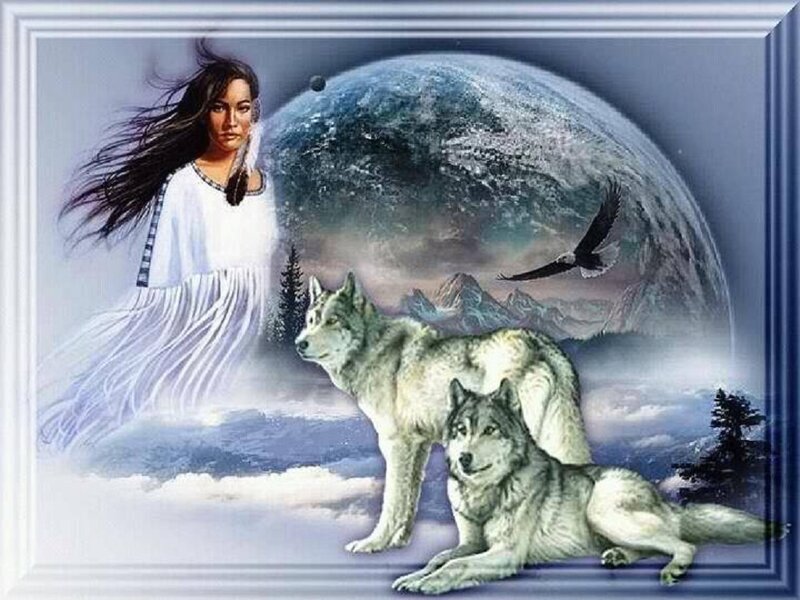 Indigenous Woman with Wolves — White
