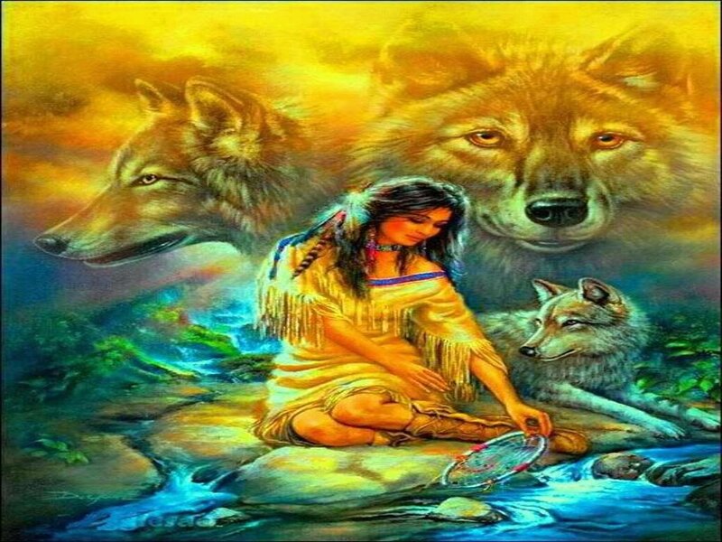 Indigenous Woman with Wolves — Yellow, Serene
