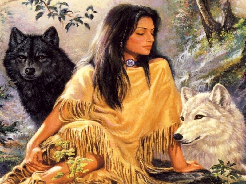 Indigenous Woman with Wolves — Yellow