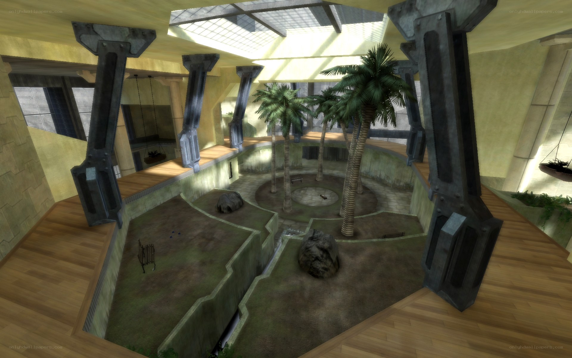 indoor courtyard with palm trees