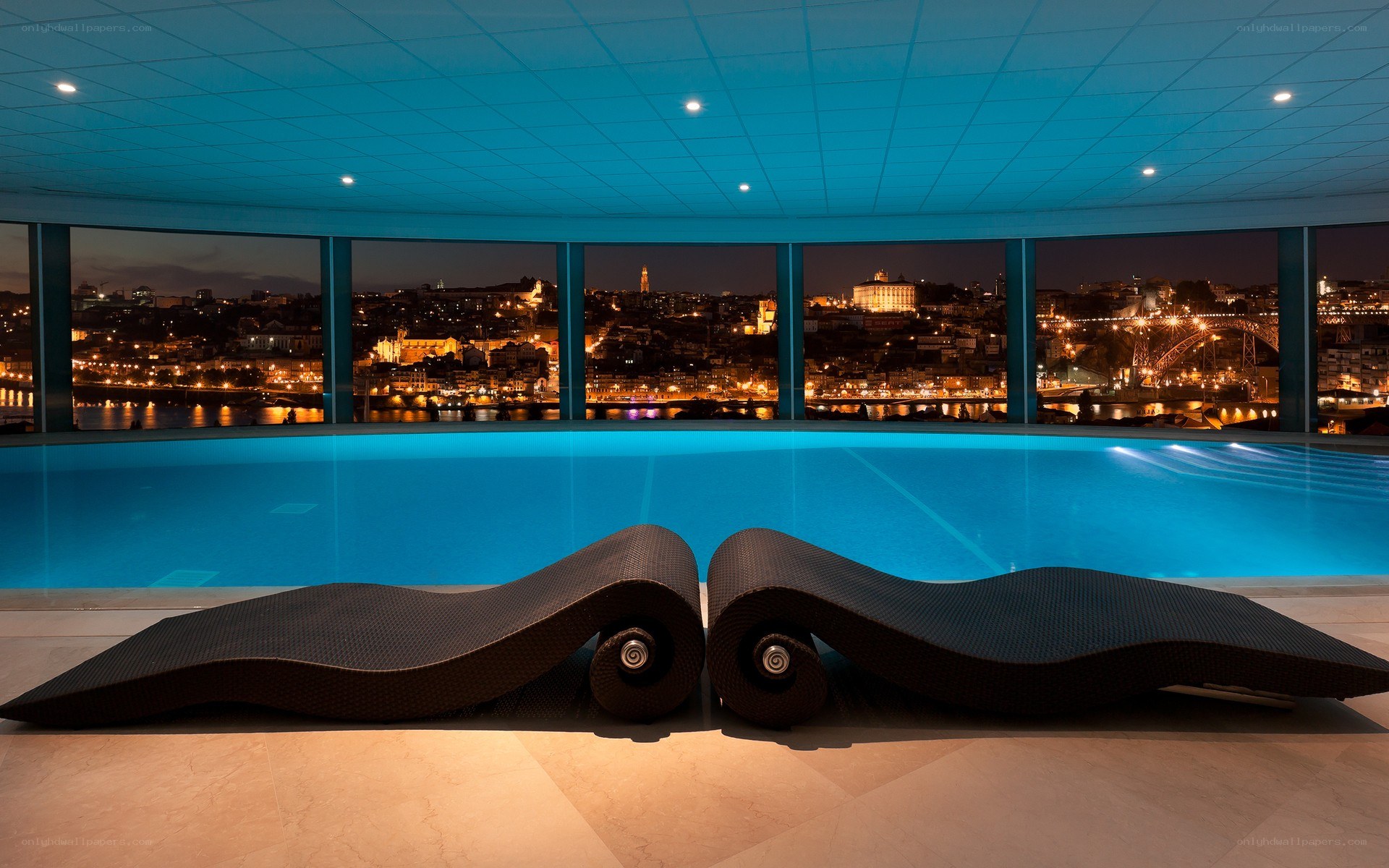 Indoor pool with city view