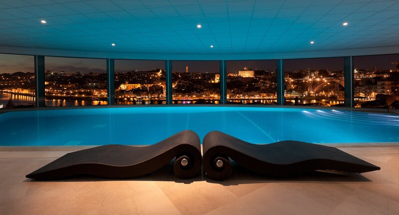 Indoor Pool with City View — Blue, Serene, Night