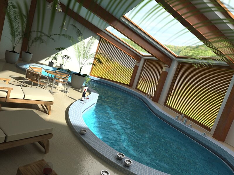 indoor pool with lounge area
