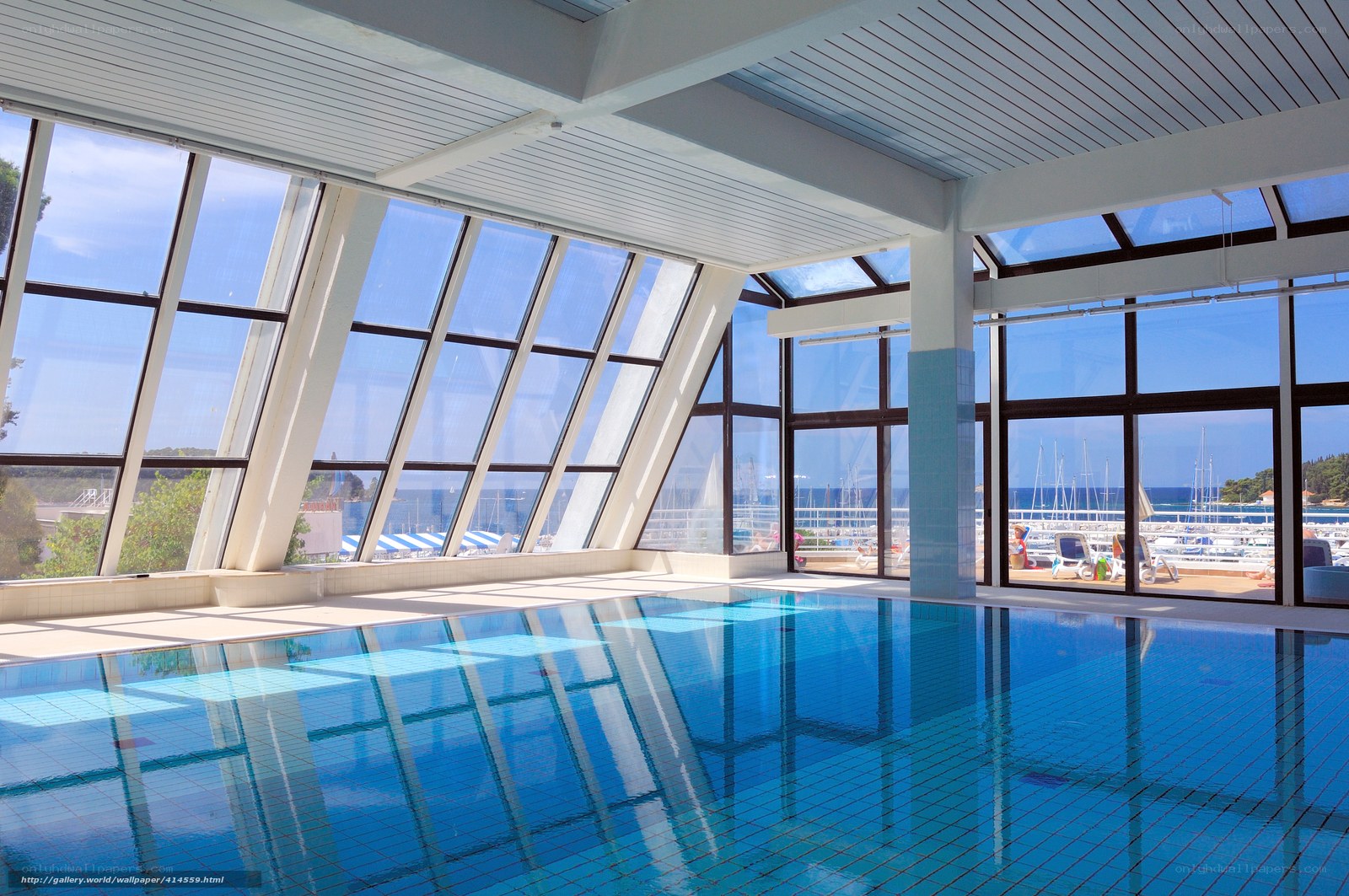 Indoor pool with marina view