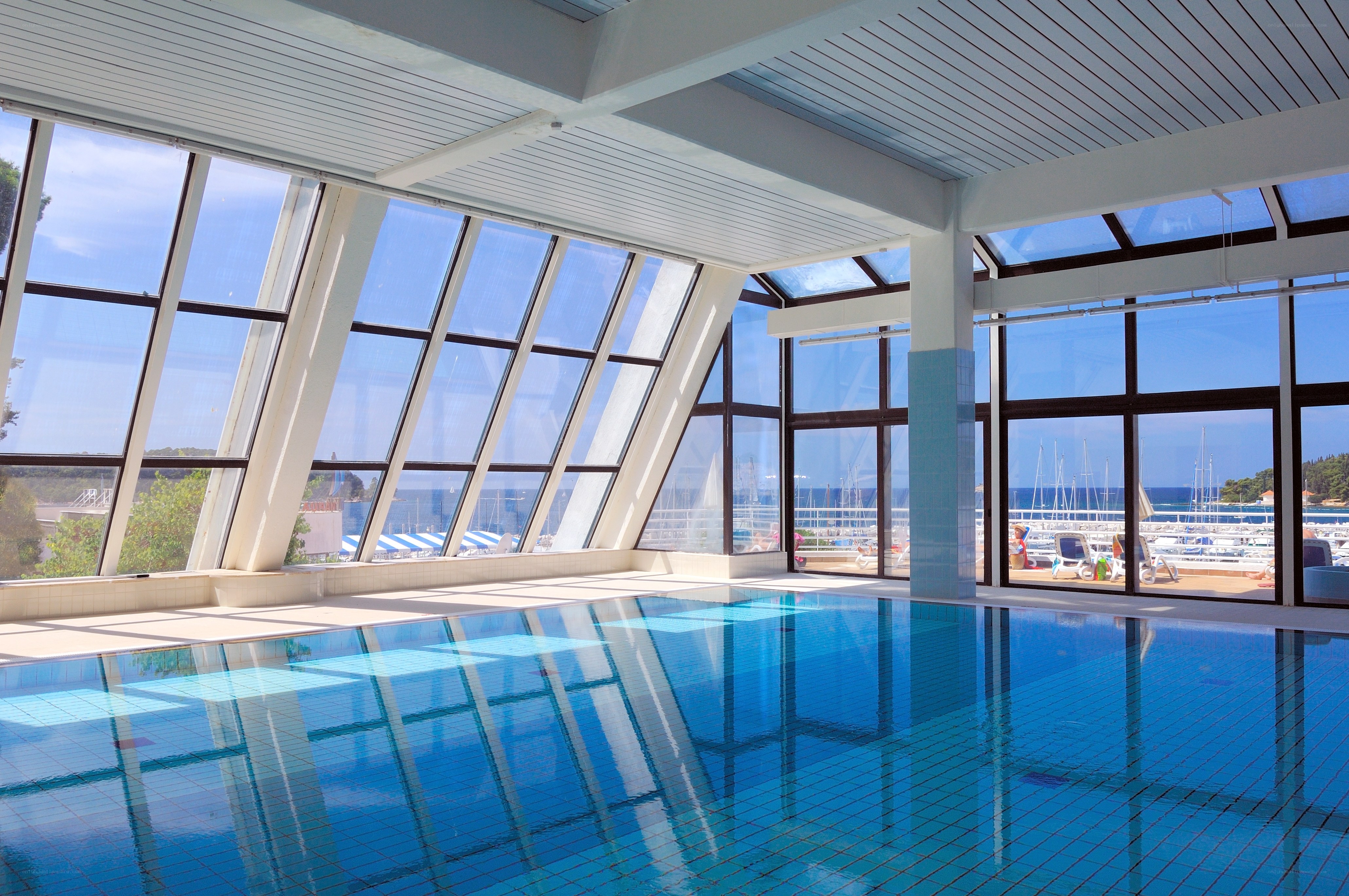 indoor pool with marina view