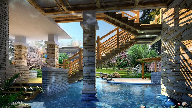 Indoor Pool with Staircase — Blue
