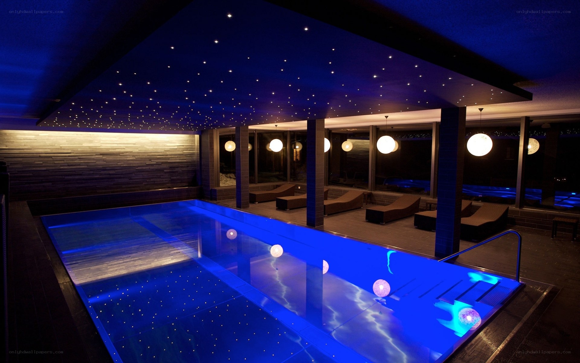 indoor pool with starry ceiling
