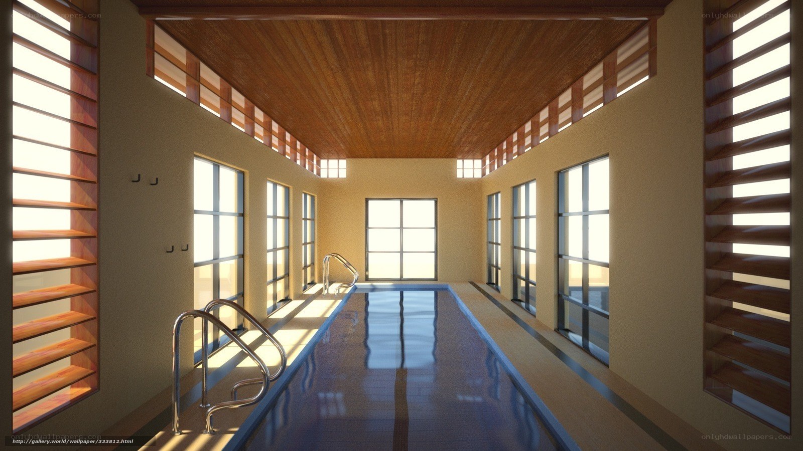 Indoor pool with wooden ceiling