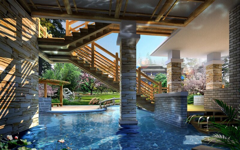 Indoor Pool with Wooden Stairs