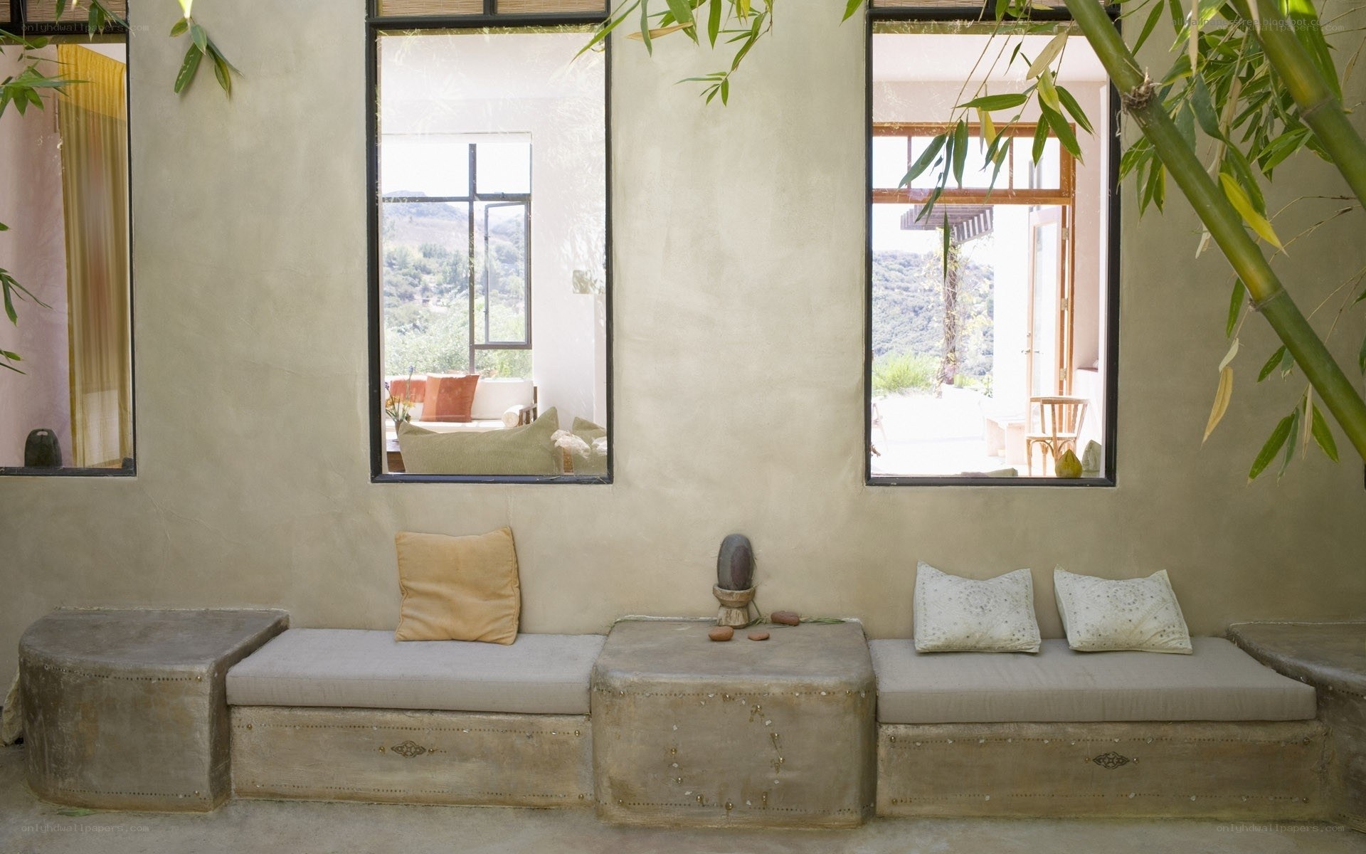 Indoor seating with bamboo plants