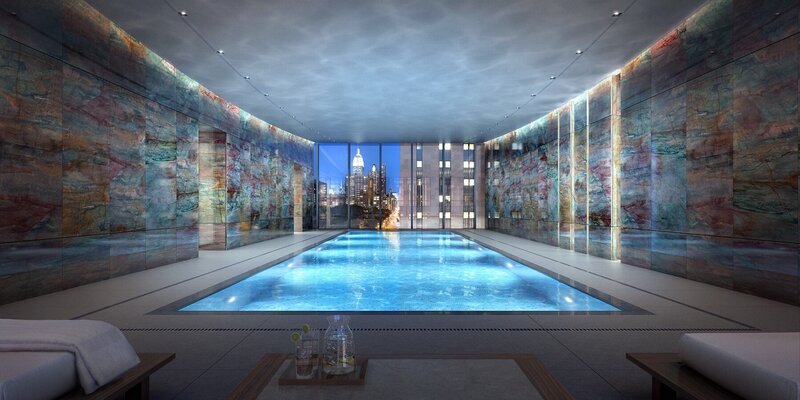 Indoor Swimming Pool — Blue, Serene, Night, 3d Render, City Skyline