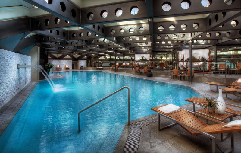 Indoor Swimming Pool — Blue, Serene, Photograph, Lounge Chairs, Pool Ladder