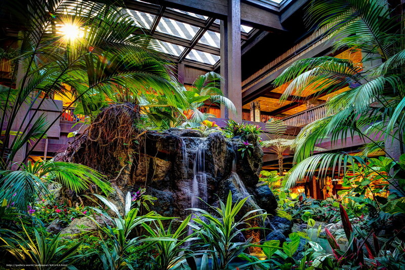 Indoor tropical garden with waterfall