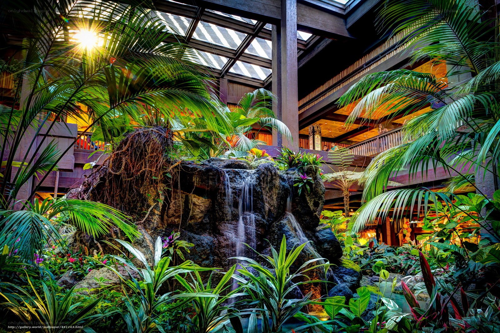Indoor tropical garden with waterfall