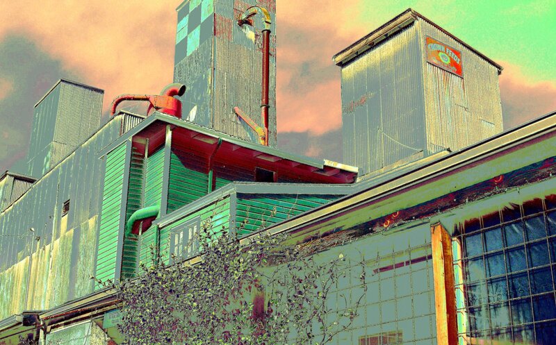 industrial buildings with colorful sky