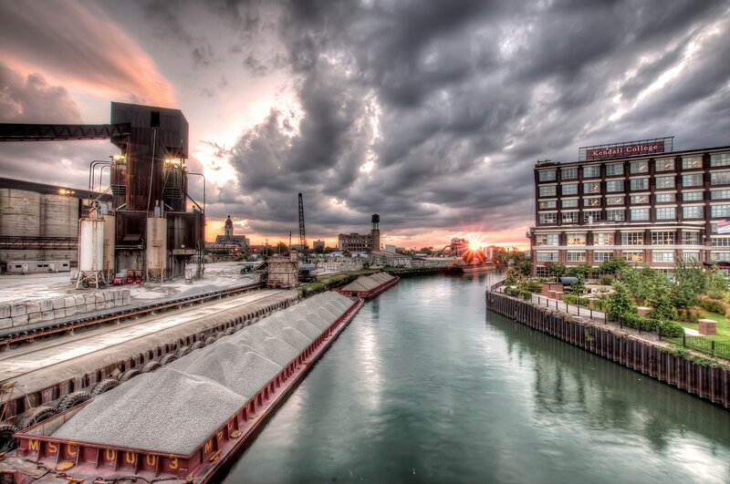 Industrial canal at sunset