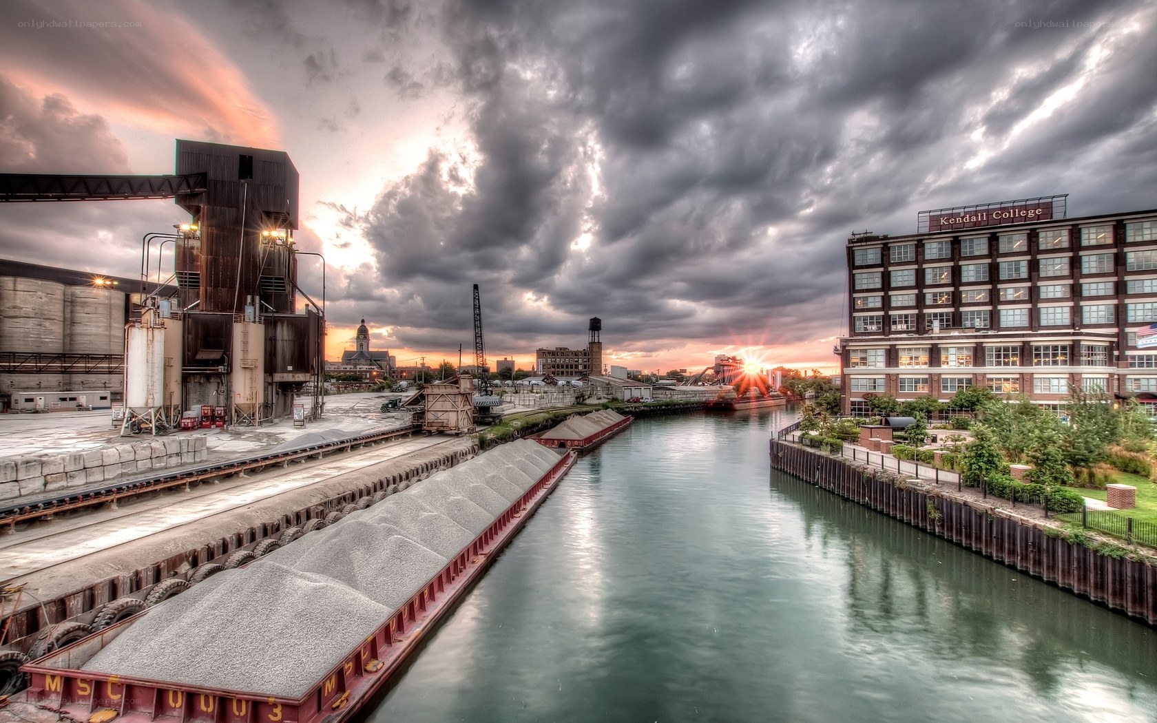 Industrial canal at sunset