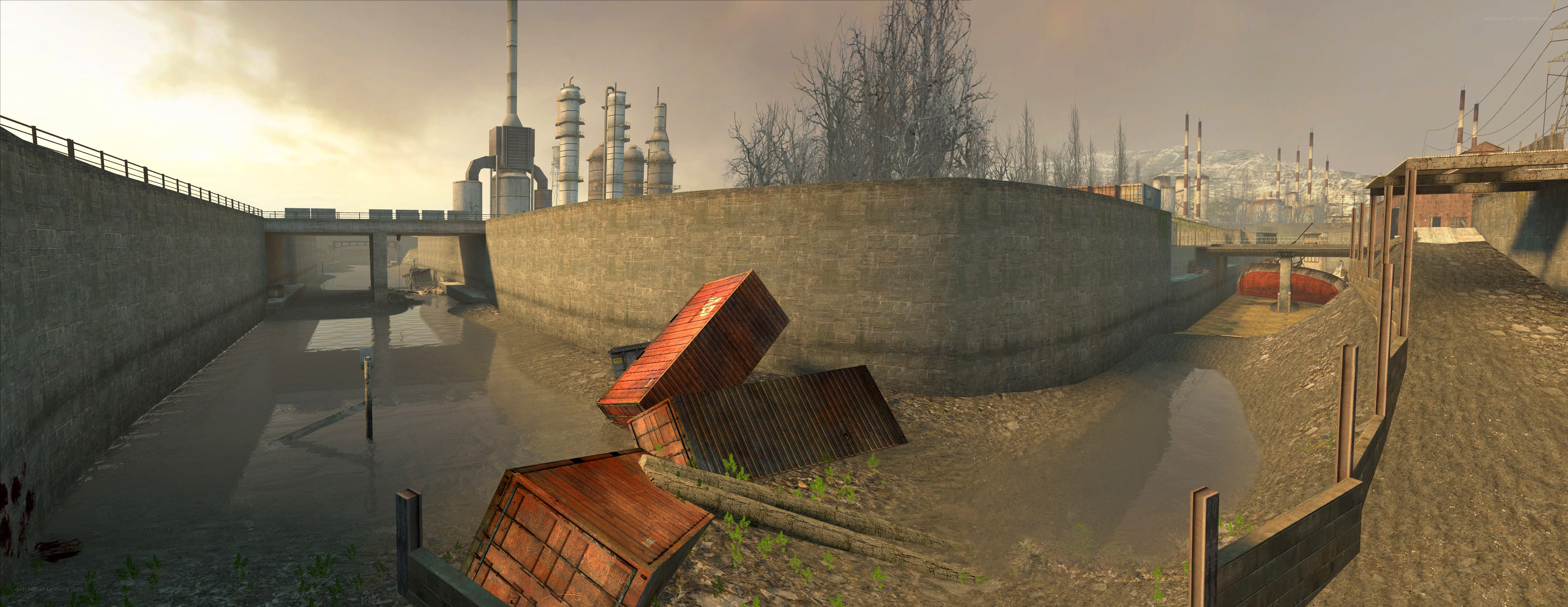 industrial canal with shipping containers