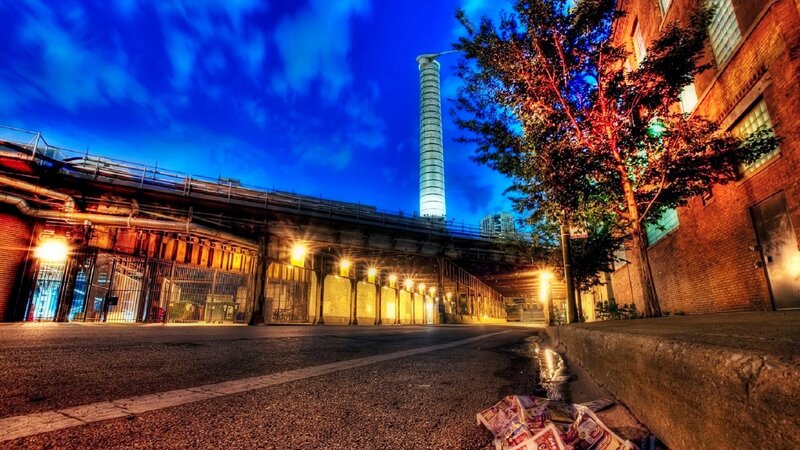 Industrial Chimney at Night — Blue