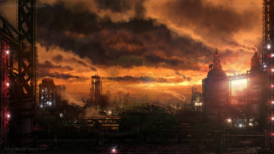 industrial city at sunset