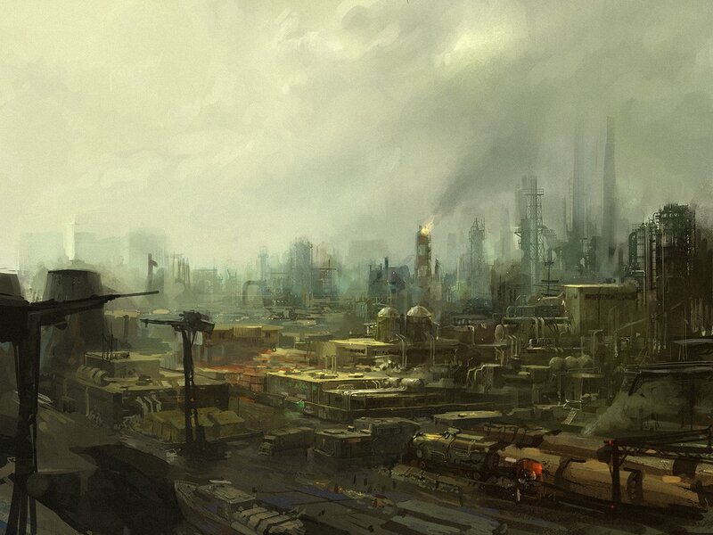 industrial cityscape at dusk