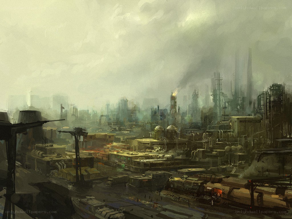 industrial cityscape at dusk