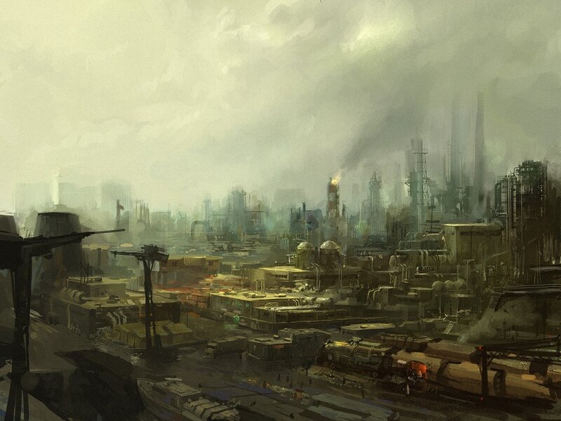 Industrial Cityscape — Gray, Dramatic, Digital Art, Factories
