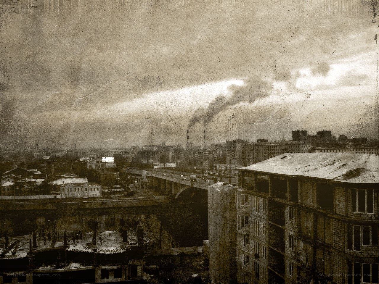 Industrial cityscape with smoke