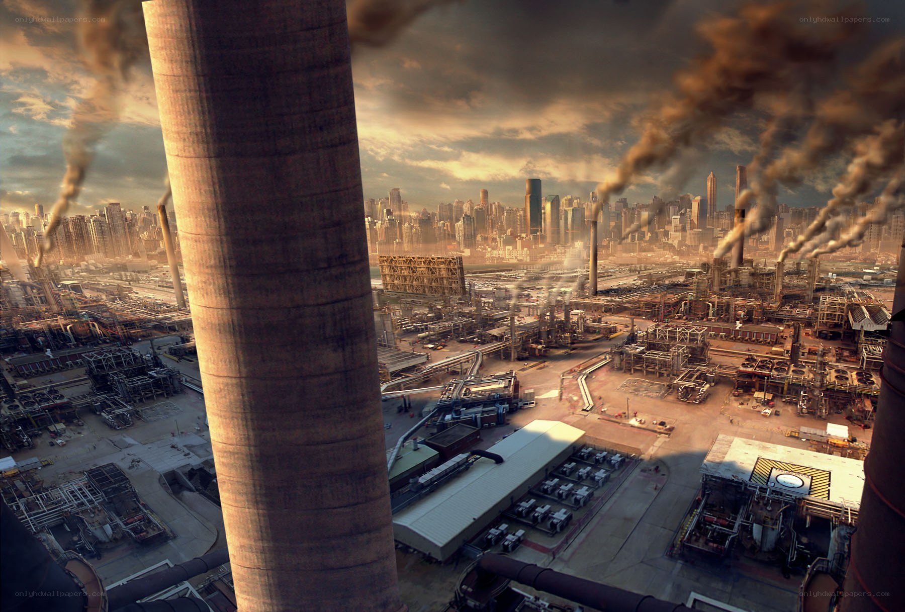 Industrial cityscape with smoke