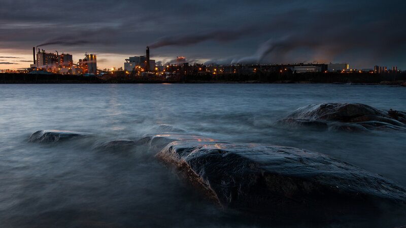 Industrial Complex at Dusk — Blue, Dramatic, Night, Photograph