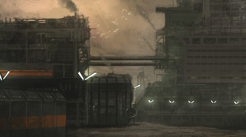 Industrial Complex at Dusk — Brown, Dramatic