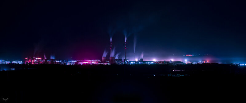 Industrial Complex at Night — Black, Dark, Photograph