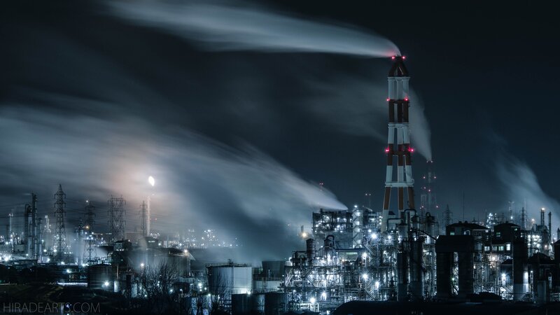 Industrial Complex at Night — Black, Dramatic, Photograph