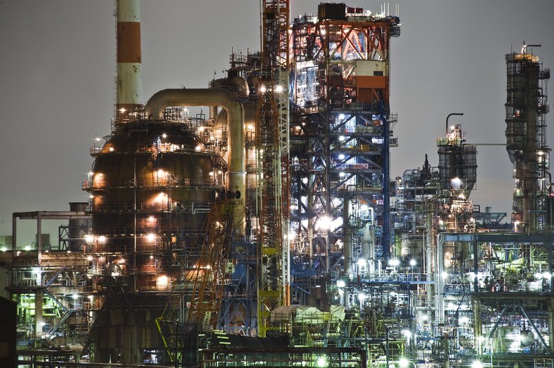 Industrial Complex at Night — Black, Dramatic, Photograph, Towers