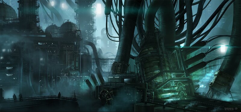 Industrial Complex at Night — Green, Dramatic, Digital Art, Pipes