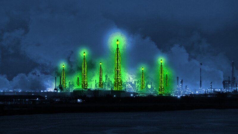 Industrial Complex at Night — Green, Dramatic, Digital Art, Towers