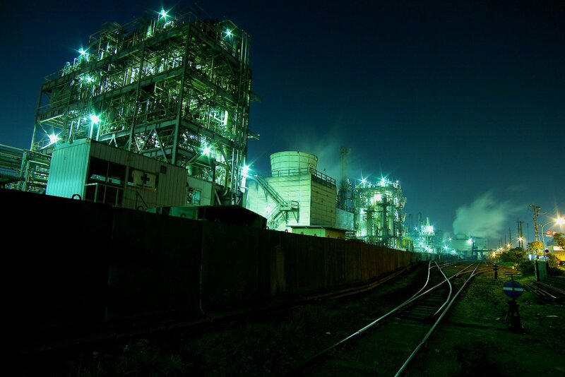 Industrial Complex at Night — Green, Dramatic