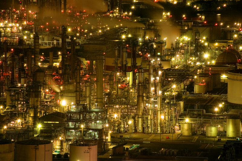 Industrial Complex at Night — Yellow, Dramatic